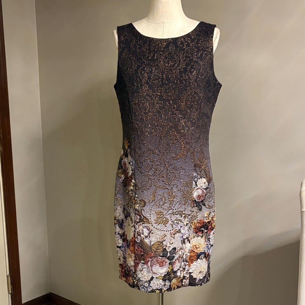 Elegant textured ombre floral metallic evening sleeveless mini dress tank M/L
